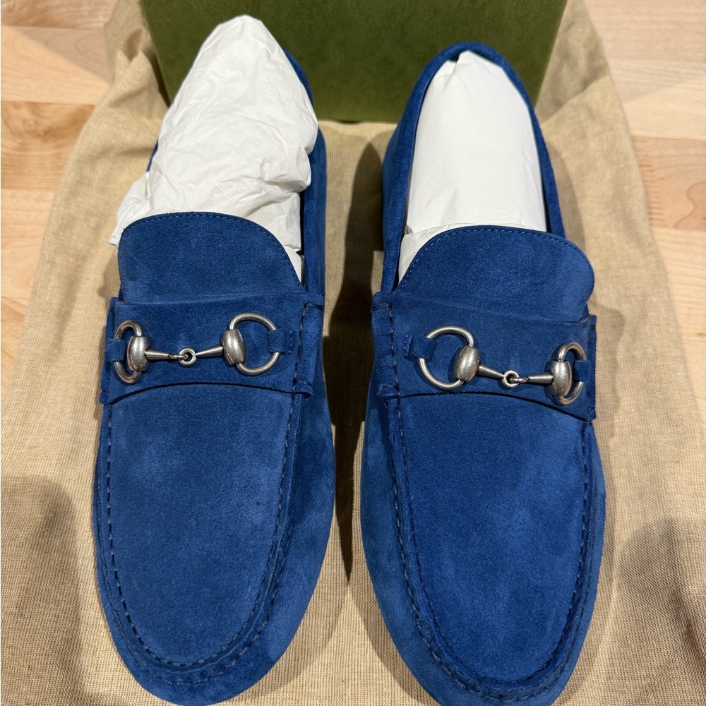 NWT Gucci Royal Blue Suede Mens Driver with Horsebit Shoes Size 8 FULL SET